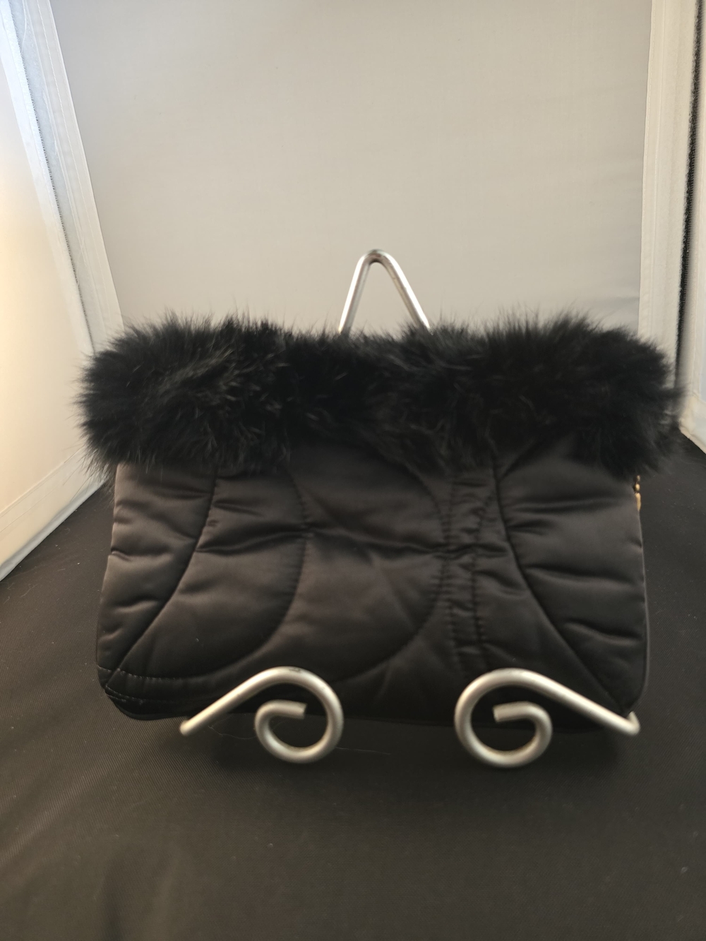 Women's Black Faux Fur Trim Quilted Clutch
